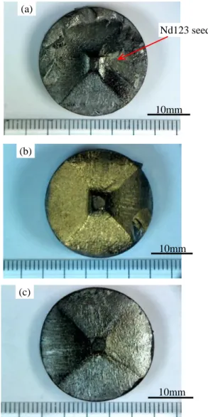 Fig.  2.  Top  surface  view  of  Gd123  samples,  TSMG  processed at (a) T G  = 1035℃, (b) T G  = 1040℃  and (c) T G