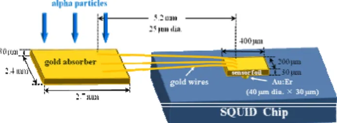 Fig. 1. Schematic view of SQUID chip, sensor foil and  gold absorber. 