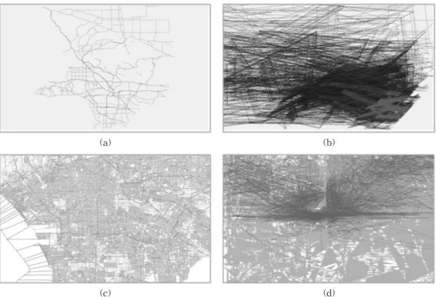 Fig. 6. Experimental result with full scaling map 1:10000, 1:100000; (a) original map 1:10000, (b) encrypted map  1:10000, (c) original map 1:100000, and (d) encrypted map 1:100000.