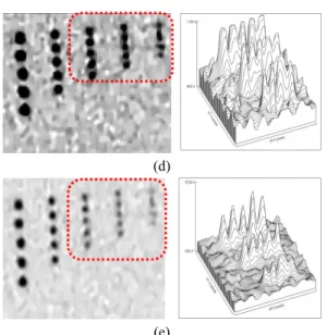 Fig. 5. Evaluation of spatial resolution by surface plot  (a) Original image (b) Image by mean filter (c) Image  by median filter (d) Image by original anisotropic 2D  diffusion filter (e) Image by improved anisotropic 2D  diffusion filter