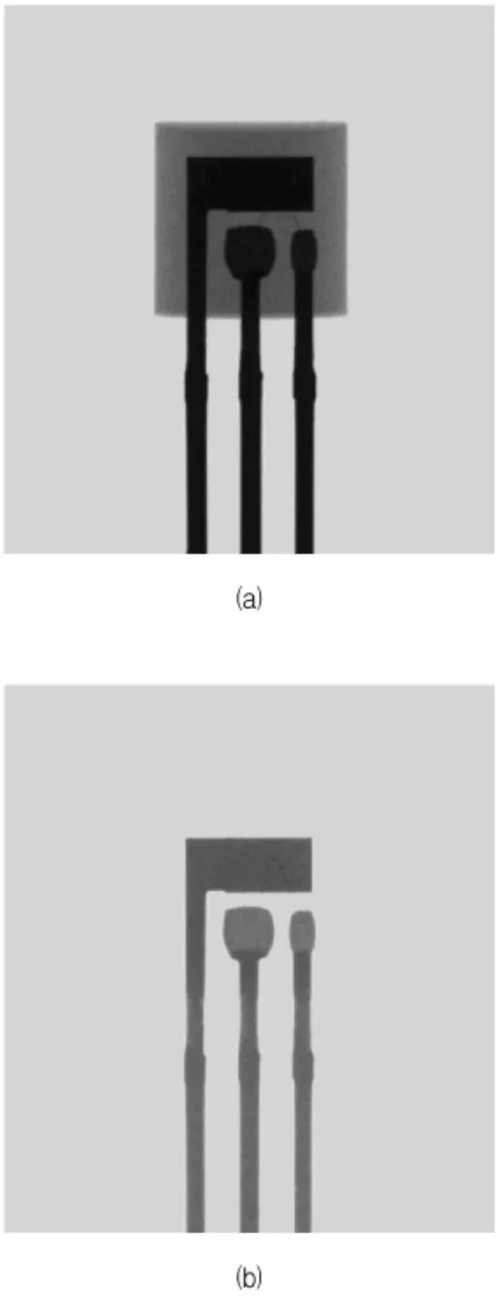 Fig.  4.  X-ray  images  for  a  transistor  under  low  voltage  of  60  kVp  (a)  and  high  voltages  of  90  kVp  (b).