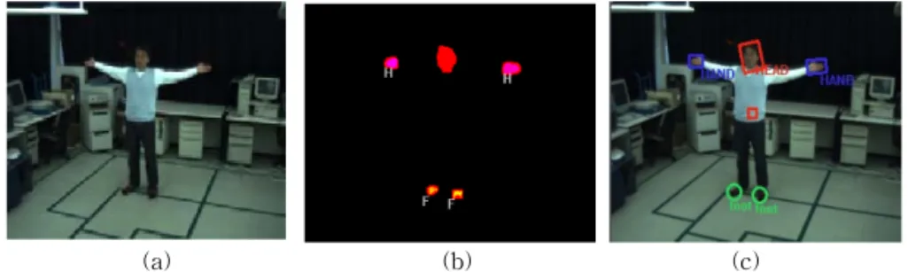 Fig. 2. The result of feature extraction. (a) Initial pose, (b) the result of region growing for end-effectors, and (c)  the result of making models