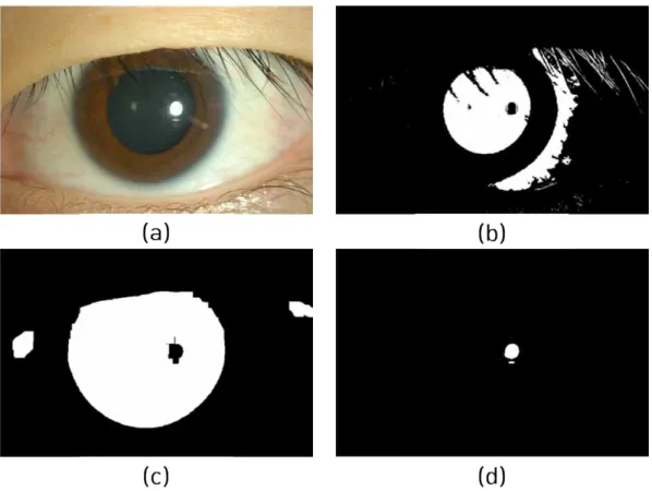 그림 5. Thresholding image: (a)Original image, (b)Pupil, (c)Iris, (d)Reflected.