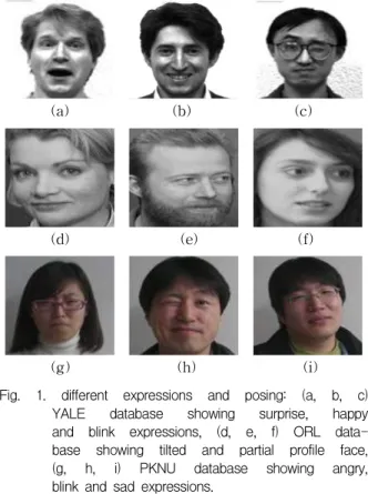 Fig. 1. different expressions and posing: (a, b, c) YALE database showing surprise, happy and blink expressions, (d, e, f) ORL  data-base showing tilted and partial profile face, (g, h, i) PKNU database showing angry, blink and sad expressions.