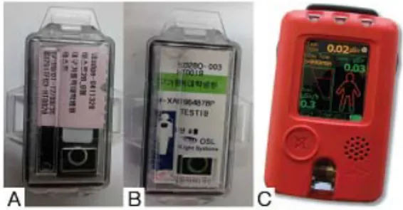 Fig.  1.  A  :  Themoluminescence  dosimeter  (TLD,  Panasonic  UD-802),  B  :  Optically  stimulated  luminescence  dosimeter  (OSLD,  InLight  system,  Landauer),  C  :  Electronic  personal 
