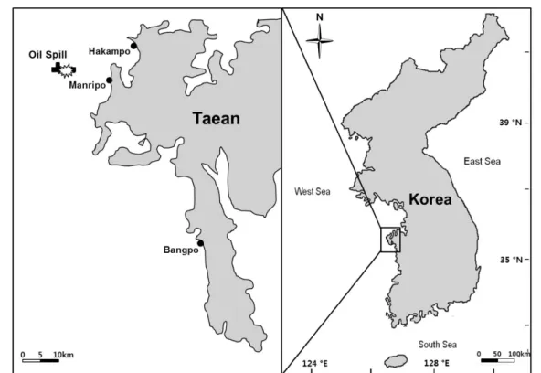 Figure 1. Sampling station in the Oil spill site and sampling area of three study sites (●) on the coast of Taean Peninsula, Korea.