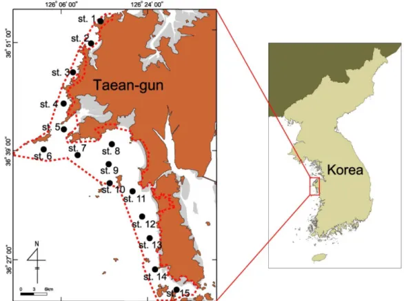 Figure 1. Map showing the sampling stations around Taean subtidal area, west coast of Korea