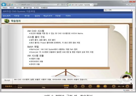 그림 8. 컨텐츠 구현 예 - 학습정리 그림 9. 컨텐츠 구현 예 - 퀴즈풀이 츠의 구성요소들을 최소 단위로 분할하여 구현하였 으며, 각각의 구현된 요소들인 이미지 데이터, 음성 데이터, 문서 데이터, 플래시 데이터를 각 요소별 계 층구조로 구현하였다