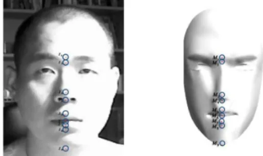 그림 5. 입력 영상과 얼굴 모델의 샘플 포인트 산 할 때, 3D 모델 정점 값들의 위치이면 변형되는 대응 좌표를 버퍼에 저장하게 되고 그 좌표로 3D 얼굴 모델의 정점 값들을 정렬하게 된다