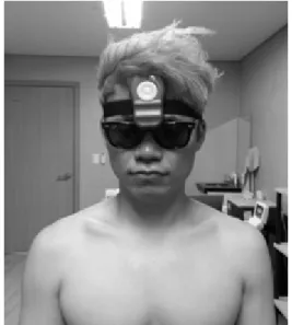 Fig.  1.  Electrogoniometer  attachment  position불안정한 상태의 관절을 뜻한다.  0~2는 과소움직임,  4~6은 과대움직임(hypermobility)으로 근거로 하여,  수동적 척추 간 운동성 검사시 1과 2의 과소 움직임을 가진 대상자를 선정하였다