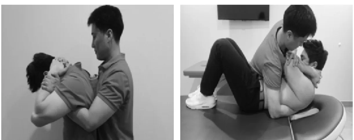 Fig.  2.  Upper  thoracic  lift  manipulation(Left),  thoraic  manipulation  in  supine(Right)