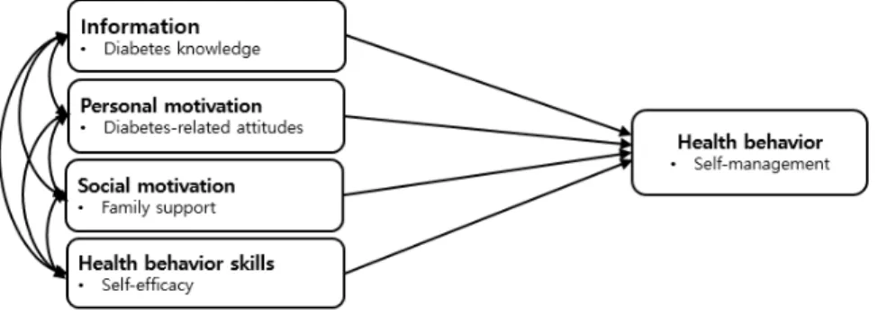 Figure 1. Modified version of the information-motivation-behavioral skills model.때, 제1형 당뇨병으로 치료가 필요한 청소년의 수는 점점 늘어날 것으로 예측된다
