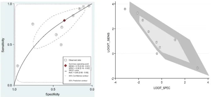 Figure 3-A. Hierarchical summary receiver operating charac- charac-teristic (HSROC) curves for pediatric inpatient fall scales.