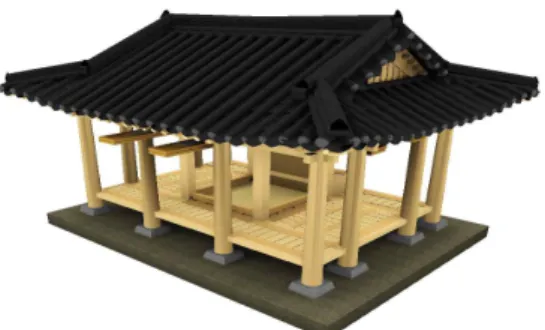 그림 8. 광풍각 설계도면에 대한 랜더링 결과 그림 9. 광풍각 설계도면에 대한 3D 인쇄 결과 표 6. 설계시간 비교 평가항목 전통건축 설계 경험여부 다경험자 미경험자 설계시간 제안된 모듈 사용 2시간 5시간 제안된 모듈 미사용 5시간 22시간 표 7