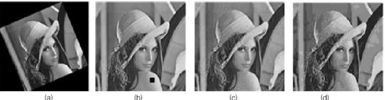 Fig. 7. An attacked images by various image processing. (a) Rotation (  =10 o ), (b) Cropping (50 sub-blocks), (c) Gaussian noise (dev.=2), (d) JPEG compression (r=10).