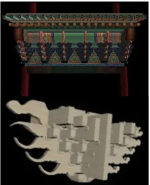 그림 8은 VRML로 변환한 3D모델을 VR뷰어로 보는 장면이다. VR뷰어는 건축문화유산 가상현실 콘텐츠 를 인터넷으로 소개한 디지털 한양[5]이나 서울 근대 공간[6]
