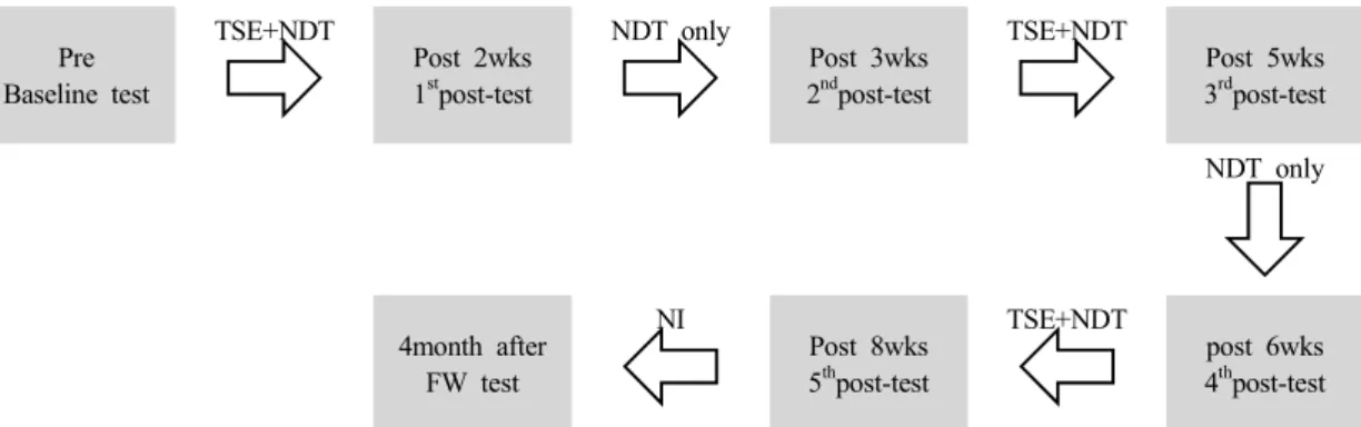 Fig. 1. Flow of study. TSE, Trunk Strengthening Exercise; NDT, Neurodevelopmental Treatment; NI, No intervention; FW, Follow up.