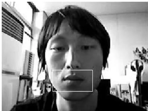 그림 7. 입술 영역 검출 화면 이다. 구현된 애플리케이션은 그림과 같이 입술의 위 치를 표시 해주고 있다. 3.2 입술 영역 추적 교통 시스템에서 차에 대한 추적, 보안 시스템에 서 사람에 대한 추적 등 사람 또는 객체 추적에 대한 연구는 활발히 진행되고 있다