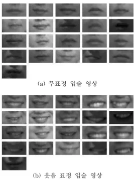 그림 8. 3단계 탐색 알고리즘 적용 예 (a) 무표정 입술 영상 (b) 웃음 표정 입술 영상 그림 9. 검출된 입술 영상 예 를 얻기 위해 입술 영상 전처리 과정을 거쳐야 된다