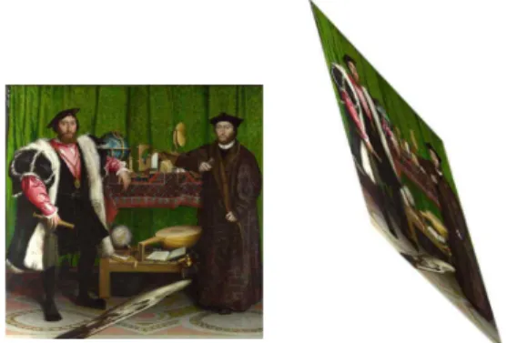 그림 1. 한스 홀바인의 <대사들>과 왜곡된 원근법에 의한 ‘왜 상’이미지끊임없이 욕망을 생산해내는 원천으로서의 위치를가지고 있는 것이다. 이러한 ‘대상 a’는 “욕망으로 ‘왜곡된’ 응시에 의해서만 인지될 수 있는 대상, ‘객관적인’ 여기을 위해서는 존재하지 않는 대상으로 ‘객관적으로’ 무(無)이며, 일정한 관점-왜곡된 응시-에서관찰할 때에는 그것이 ‘그 어떤 something’ 형태를띠게 된다.”10)고 하였다