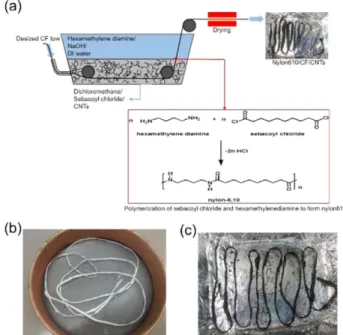 Fig. 1. (a) Illustration of the fabrication of PA610/CF/CNT com- com-posites through  in situ interfacial polymerization