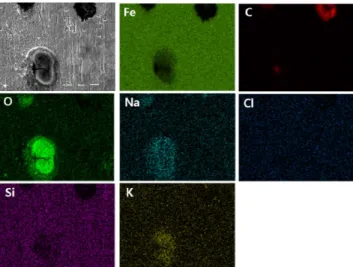 Fig. 6. SEM-EDS analysis results of TiC-Fe composite after polar- polar-ization test in 3.5% NaCl solution 