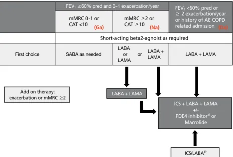 Figure 2.  Pharmacologic treatment algorithms. FEV 1 , forced expiratory volume in 1 second; AE COPD, acute 