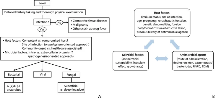 Figure 1.  Approaches to febrile patients (A) and general considerations in selecting appropriate antimicrobial agents (B)
