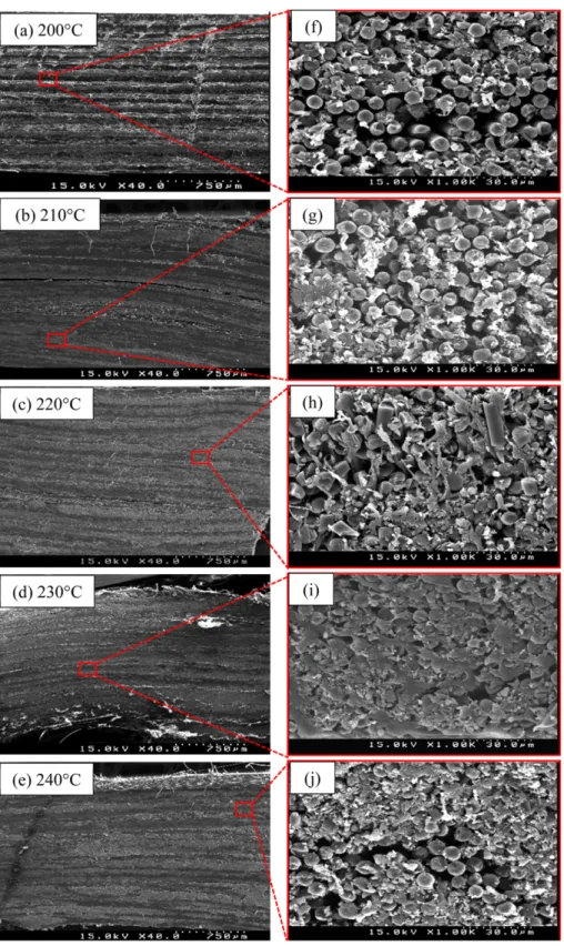 Fig. 11. SEM image of the cross-sectional morphologies of the spread carbon fiber fabric composites according to compression mold- mold-ing temperature (a) 200°C, (b) 210°C, (c) 220°C, (d) 230°C, (e) 240°C and high magnification of each specimens (f), (g),