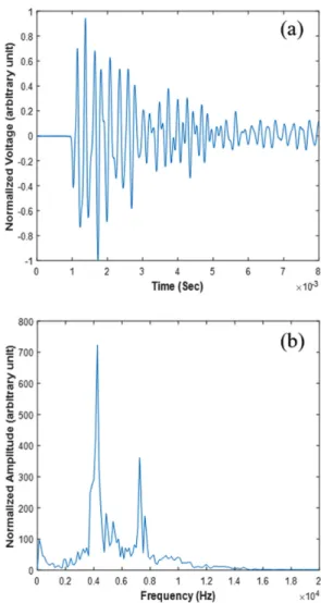 Fig. 5. Impact resonance test results on the intact area; (a)  time domain (b) frequency domain.