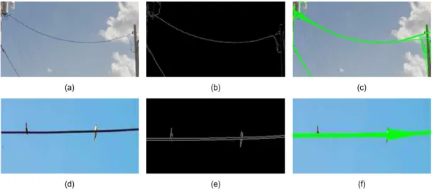 Fig.  7. Power  line  detection  using edge  extraction  technique:  (a), (d)  Original  image  (b), (e)  Image using  canny  edge  (c), (f)  Image  using  hough  transform 전처리과정이 필요하다