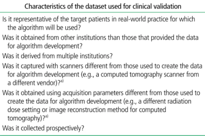 Table 1.  A checklist for robust clinical validation of the performance of a  machine-learning algorithm