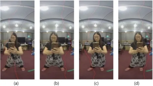 Fig. 4. (a) algorithm of the [8]: before changing the seam line (b) algorithm of the [8]: after changing the seam line (c) proposed algorithm: before  changing  the  seam  of  the  proposed  paper,  and  (d)  proposed  algorithm:  after  changing  the  sea