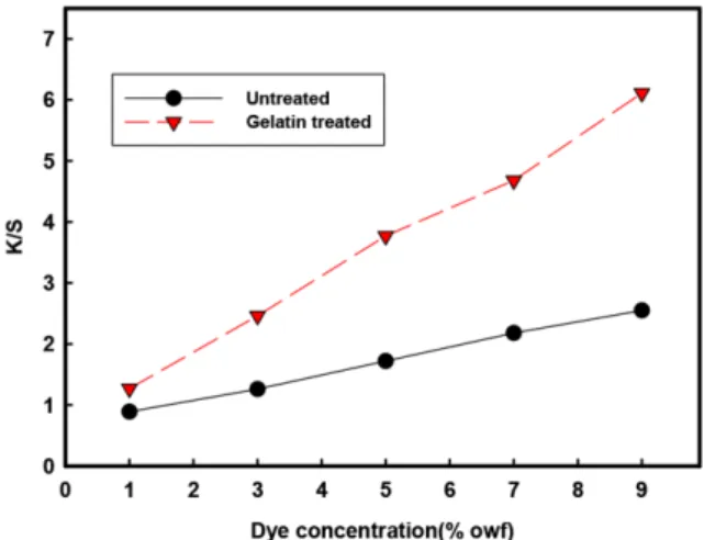 Fig. 6. Dyeability of untreated and gelatin treated cotton according to  dye concentration.