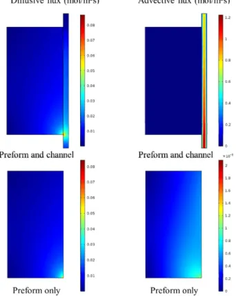 Fig. 11. Comparison of the magnitudes of diffusive flux and advective flux at time 30 h in flow+diffusion case