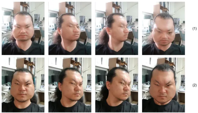 Fig. 8. Comparison of face manipulation results from the existing application : (1) results from [2], (2) results from the proposed system