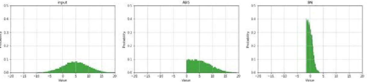 Fig.  5.  Histogram  before/after  applying  ABS  and  BN.  (a)  input,  (b)  after  ABS,  (c)  after  BN