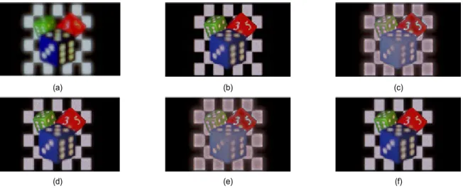 Fig.  18.  Reconstructed  quantization  Multi  2D  amplitude  image  (a)  1bit  uniform  quantization  image,  (b)  8bit  uniform  quantization  image,  (c)  1bit  A-law non-uniform quantization image, (d) 8bit A-law non-uniform quantization image, (e) 1bi