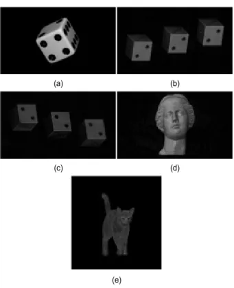 그림 1. ERC interfere 데이터 세트를 이용한 복원 결과 (a) 2D Dice, (b)  2D  Multi,  (c)  3D  Multi,  (d)  3D  Venus,  (e)  3D  Cat
