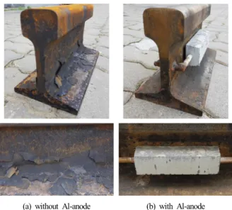 Fig. 7. Corrosion test under salt water. 양극 설치유무 및 양극설치 조건에 따른 방식효과의 차 이를 비교하기 위해 사용되었으며,  길이 1.0 m의 레일 시편 2개는 희생양극에서 방출되는 방식전류의 영향범 위(방식전류의 전달범위)를 분석하는 데에 활용하였다