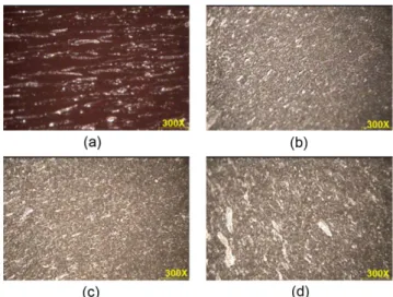 Fig. 3. Microscopic images of Pure Vinyl ester (a), 1% OMMT filled Vinyl ester specimens (b), 2% OMMT filled Vinyl ester specimens (c) 3% OMMT filled Vinyl ester specimens (d) 