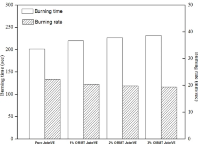 Fig. 8. Specimens after HBT of Pure VE/Jute fabric composites (a), 3% OMMT filled VE/Jute fabric composites 