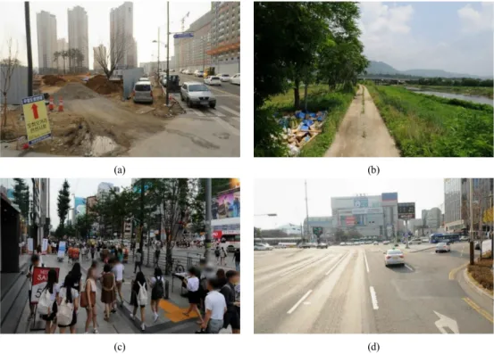Fig.  1.  Examples  of  images  used  for  training.  (a)  construction  site,  (b)  unpaved  road,  (c)  street  with  many  people,  (d)  broad  road
