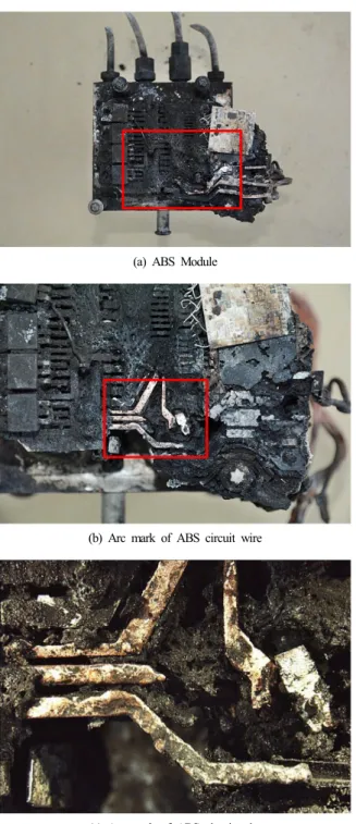 Fig. 8. Burned out pattern of ABS module and arc mark of the  ABS circuit wire.