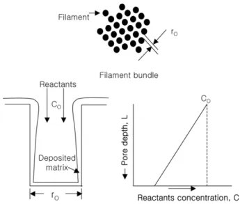 Fig. 3. Reactant and product gas concentrations as a function of axial position down a cylindrical pore: ( ―) concentration under diffusion rate limiting conditions; ( …)  concentra-tion under chemical kinetic rate limiting condiconcentra-tions [16] 