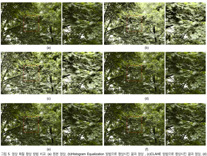 그림 5. 영상 화질 향상 방법 비교. (a) 원본 영상, (b)Histogram Equalization 방법으로 향상시킨 결과 영상 , (c)CLAHE 방법으로 향상시킨 결과 영상, (d)  Lee 의 방법으로 향상시킨 결과 영상[15],  (e)Celik의 방법으로 향상시킨 결과 영상[16]