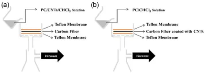Fig. 1. Schematic diagram of PC impregnation with (a) solution process and (b) coating process 