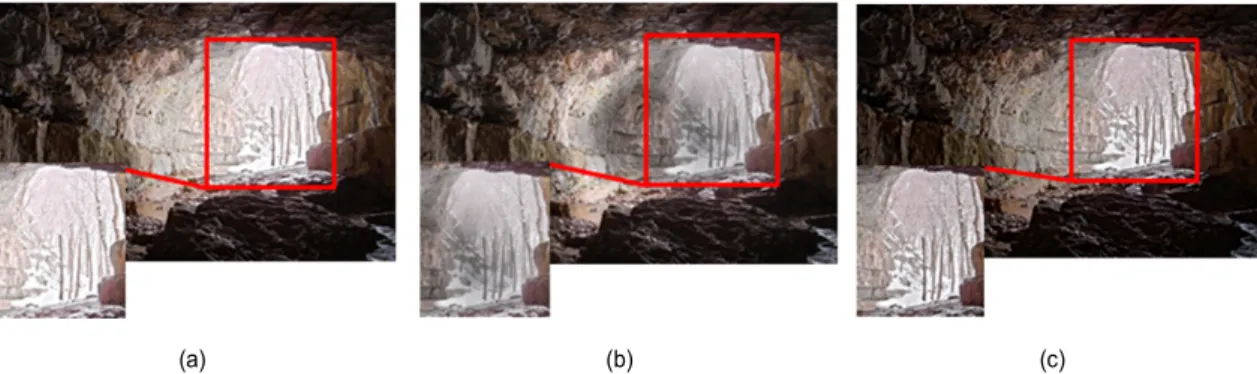 Fig  6.  Locally  extension  image  of  exposure  fusion  result  comparison:  Cave.  (a)  Ma  [15]  (b)  Liu  [16]  (c)  Proposed  algorithm