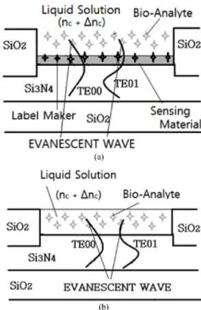 Fig. 1. Two biosensor schematics with concept of evanescent-wave in integrated optical waveguide for (a) surface sensing and (b) homogeneous (bulk) sensing.