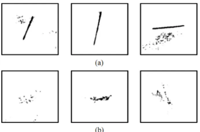 Fig. 10. A few training images made by Hough transform; (a) Label 1 (with needle), (b) Label 0 (without needle) 